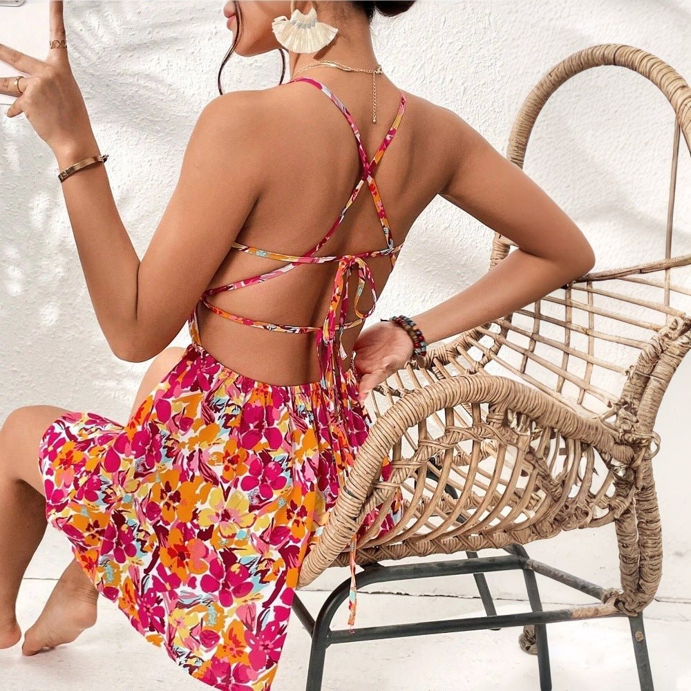 Women's Floral Print Dress Summer Lace - up Back Seaside Holiday Short Dresses - PratSN