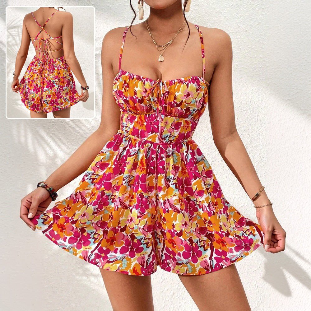 Women's Floral Print Dress Summer Lace - up Back Seaside Holiday Short Dresses - PratSN