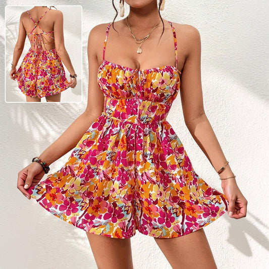 Women's Floral Print Dress Summer Lace - up Back Seaside Holiday Short Dresses - PratSN
