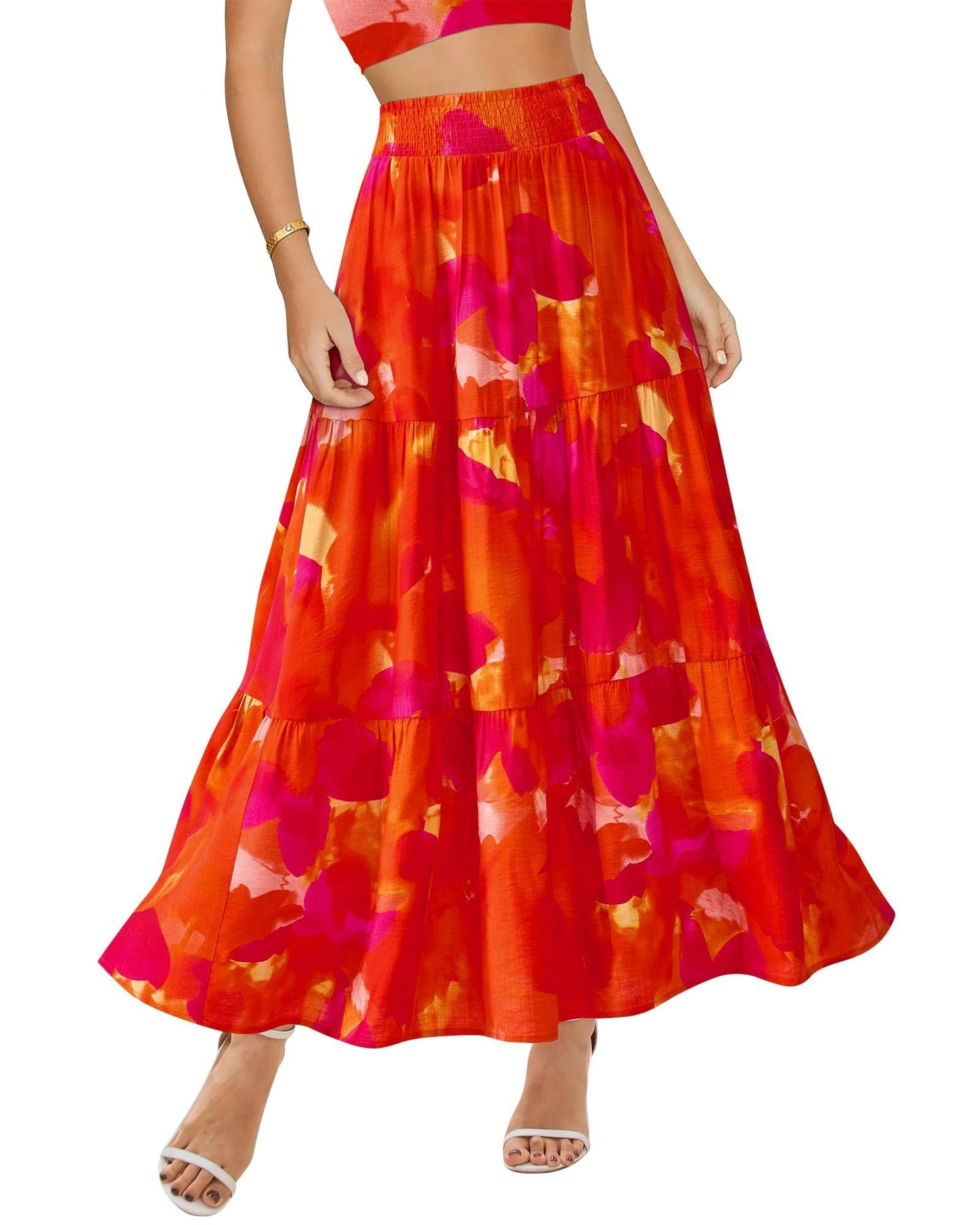 Women's Floral Print Midi Elastic High Waist Crimp Skirt - PratSN