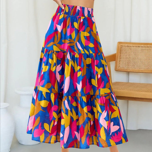 Women's Floral Print Midi Elastic High Waist Crimp Skirt - PratSN