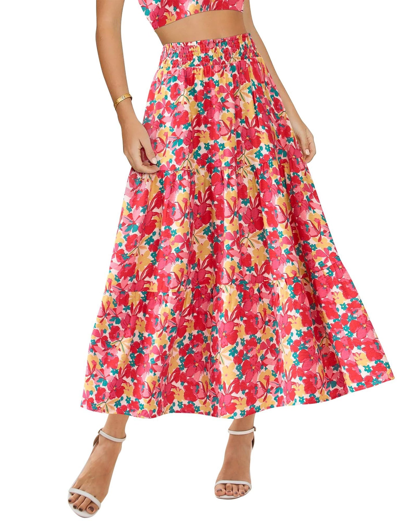 Women's Floral Print Midi Elastic High Waist Crimp Skirt - PratSN