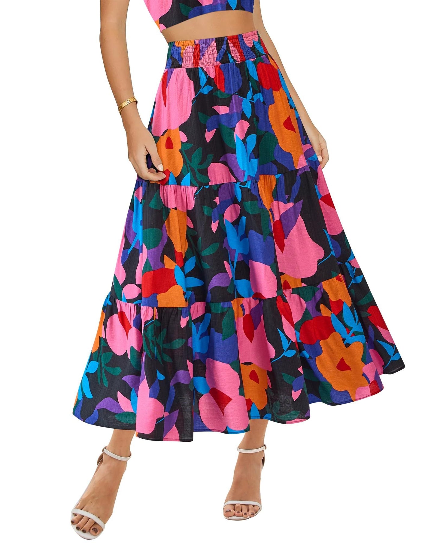 Women's Floral Print Midi Elastic High Waist Crimp Skirt - PratSN