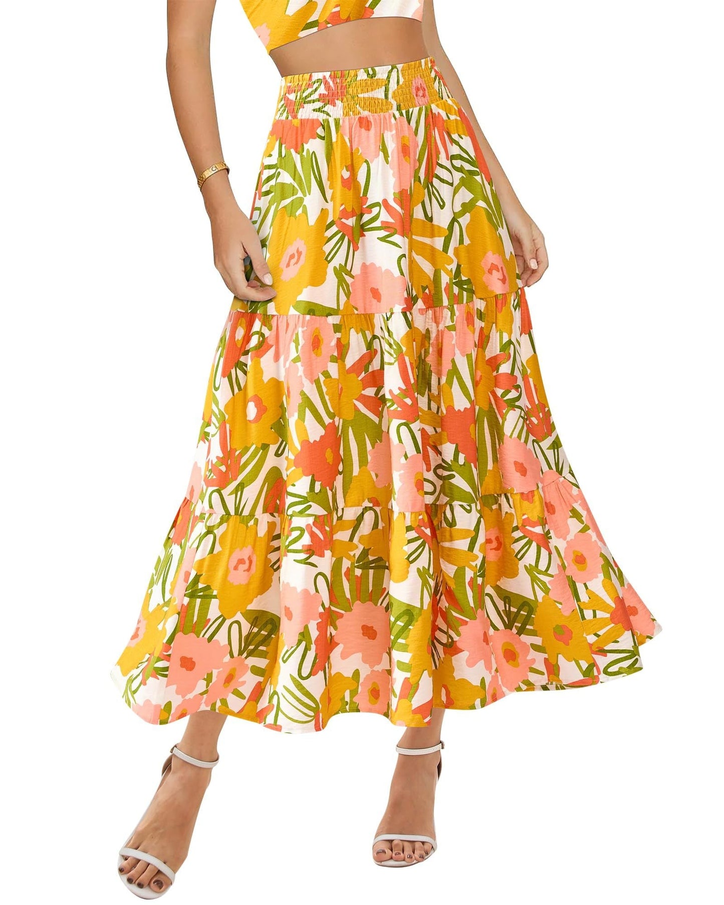 Women's Floral Print Midi Elastic High Waist Crimp Skirt - PratSN