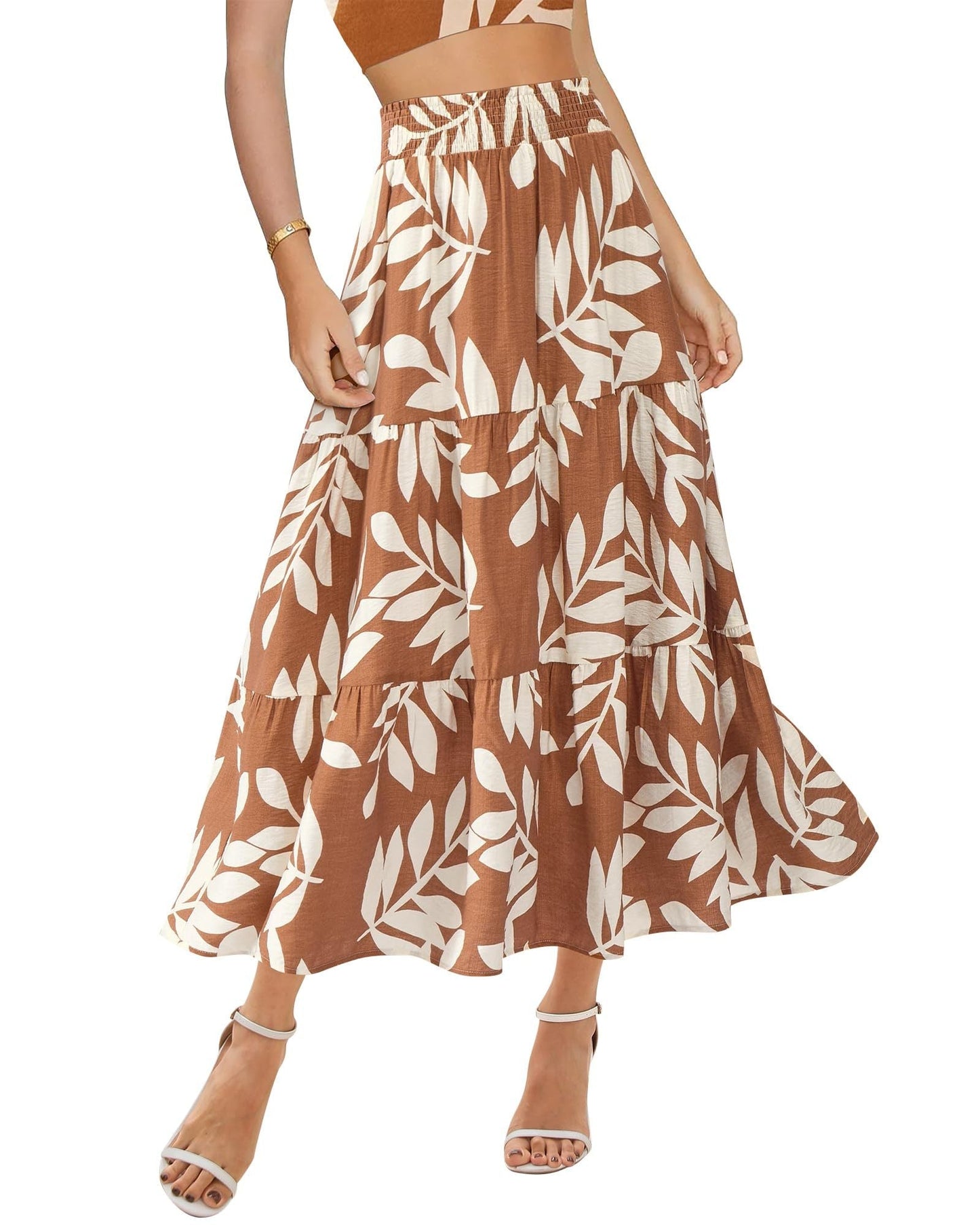 Women's Floral Print Midi Elastic High Waist Crimp Skirt - PratSN