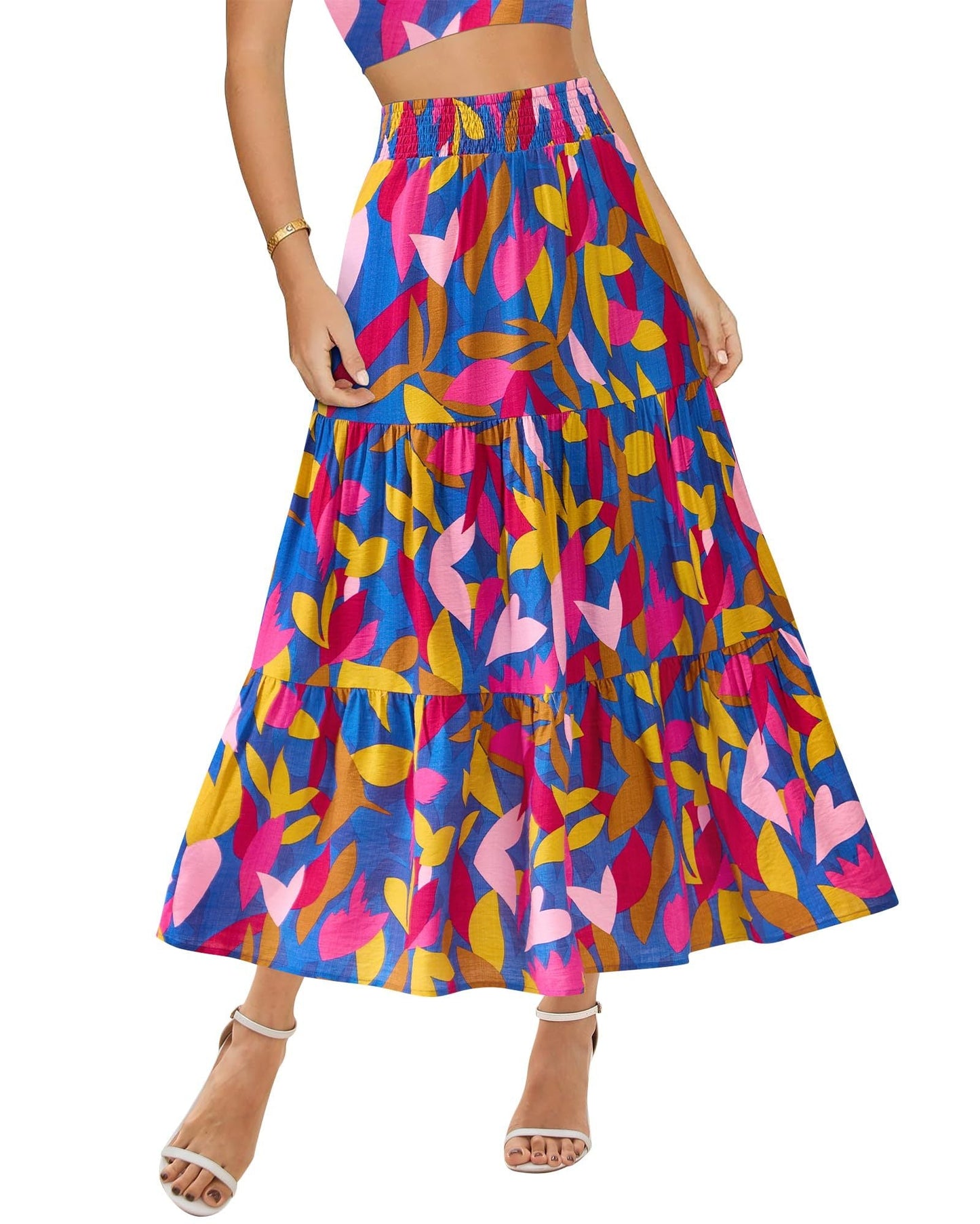 Women's Floral Print Midi Elastic High Waist Crimp Skirt - PratSN