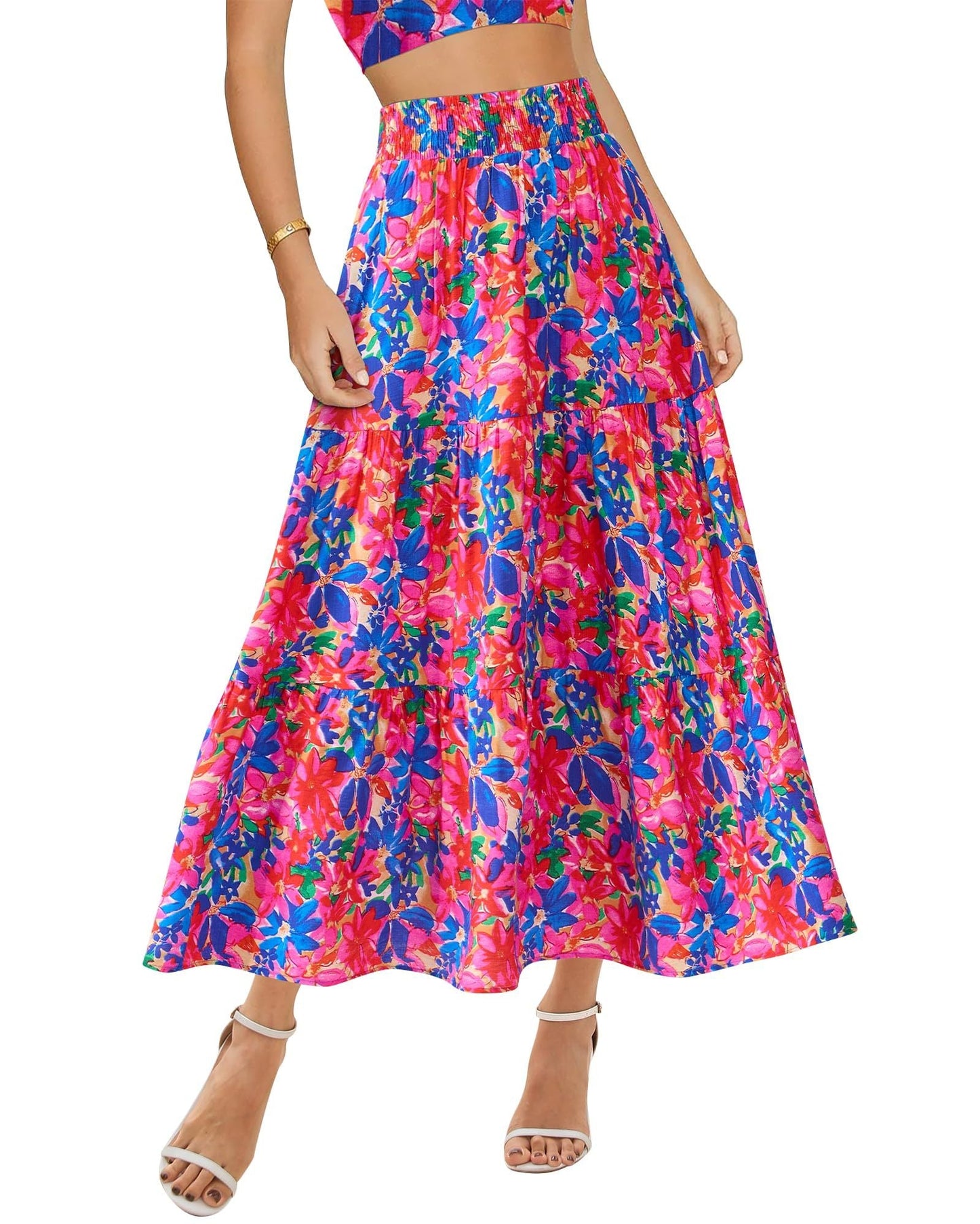 Women's Floral Print Midi Elastic High Waist Crimp Skirt - PratSN