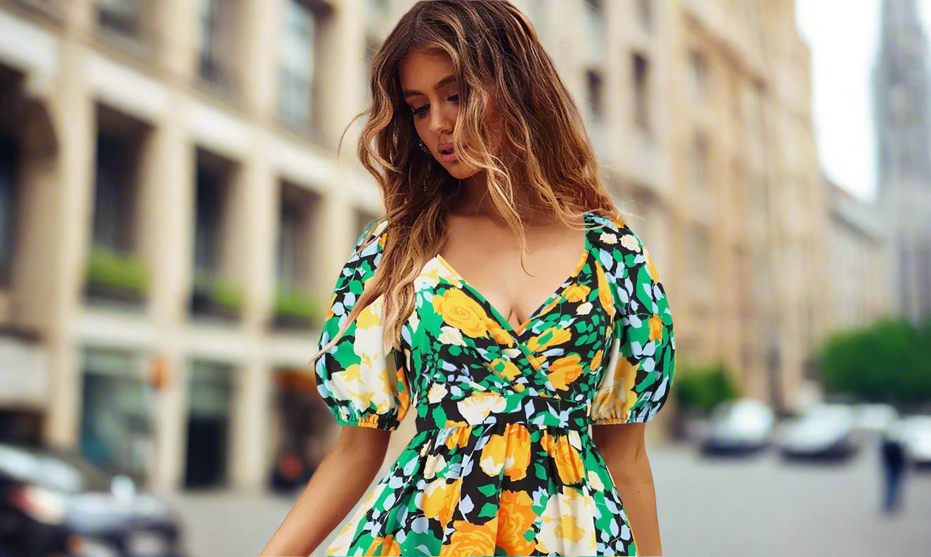 Women's Flowers Print V - Neck Lantern - sleeve Dress Y2K Summer Vacation Beach Short Dresses - PratSN