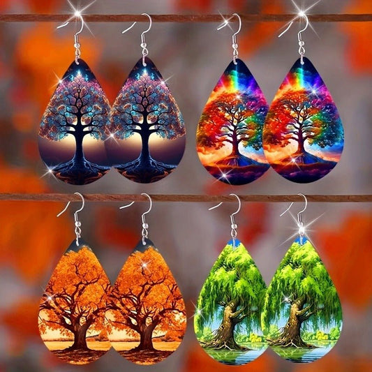 Women's Forest Wood Double - sided Pattern Green Weeping Willow Wooden Water Drop Earrings - PratSN