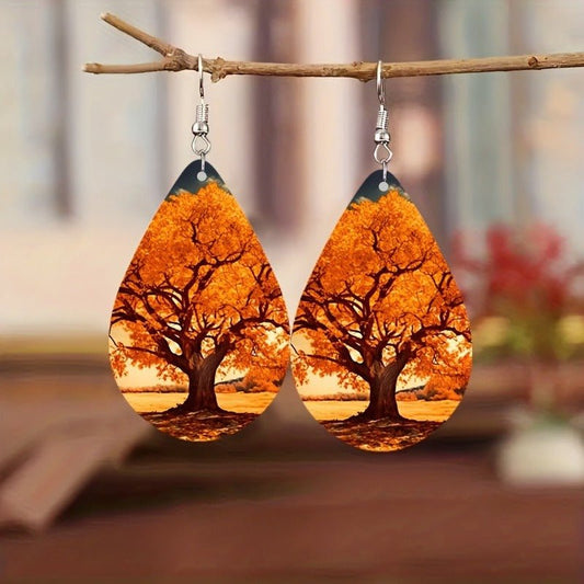 Women's Forest Wood Double - sided Pattern Green Weeping Willow Wooden Water Drop Earrings - PratSN