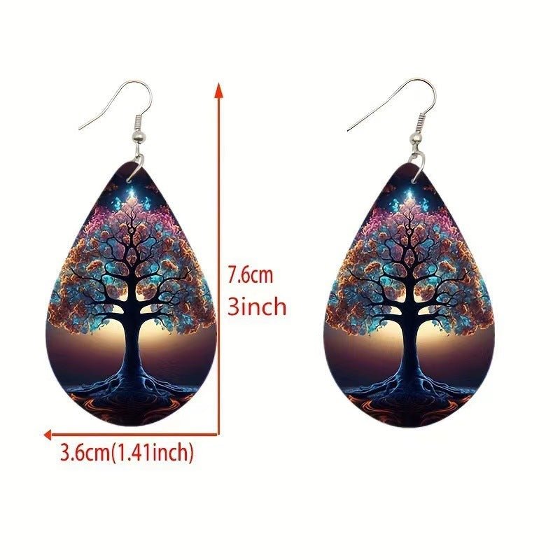 Women's Forest Wood Double - sided Pattern Green Weeping Willow Wooden Water Drop Earrings - PratSN