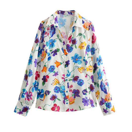 Women's French Fashion Floral Print Satin Shirt - PratSN