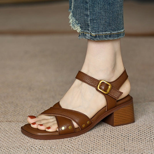 women's French Style Mid Heel Open Toe Sandals - PratSN