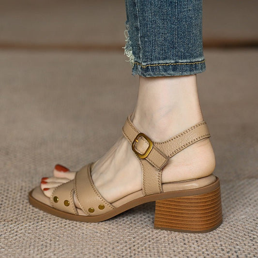 women's French Style Mid Heel Open Toe Sandals - PratSN