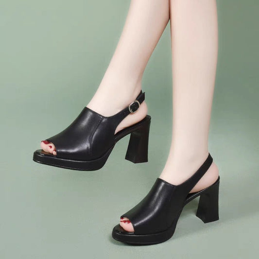 Women's Genuine Leather Soft Bottom Chunky Heel High Heels - PratSN