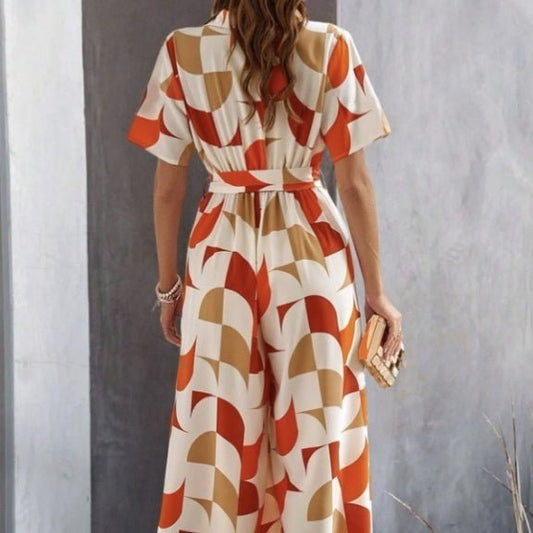 Women's Geometric Pattern Printed Lace Up Shirt Jumpsuit - PratSN
