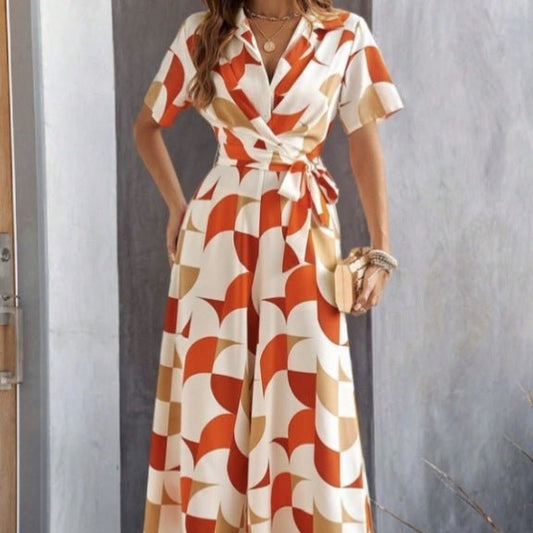 Women's Geometric Pattern Printed Lace Up Shirt Jumpsuit - PratSN