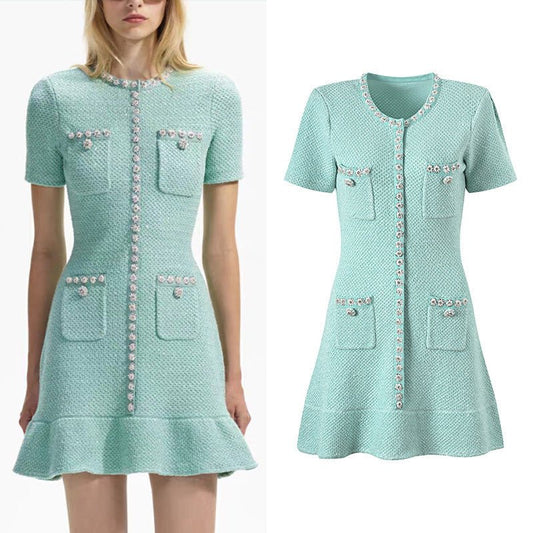 Women's Heavy Handmade Diamond Sequins Single - breasted Ruffles Waist Trimming Knitted Dress - PratSN