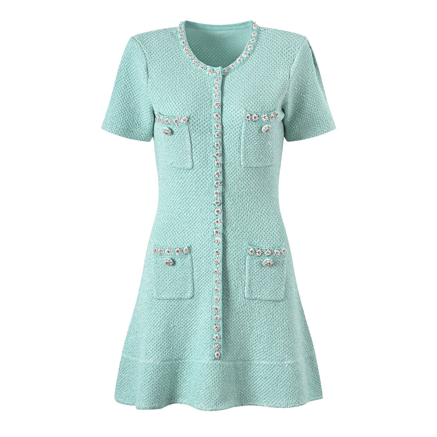 Women's Heavy Handmade Diamond Sequins Single-breasted Ruffles Waist Trimming Knitted Dress - PratSN Coral Sea / L