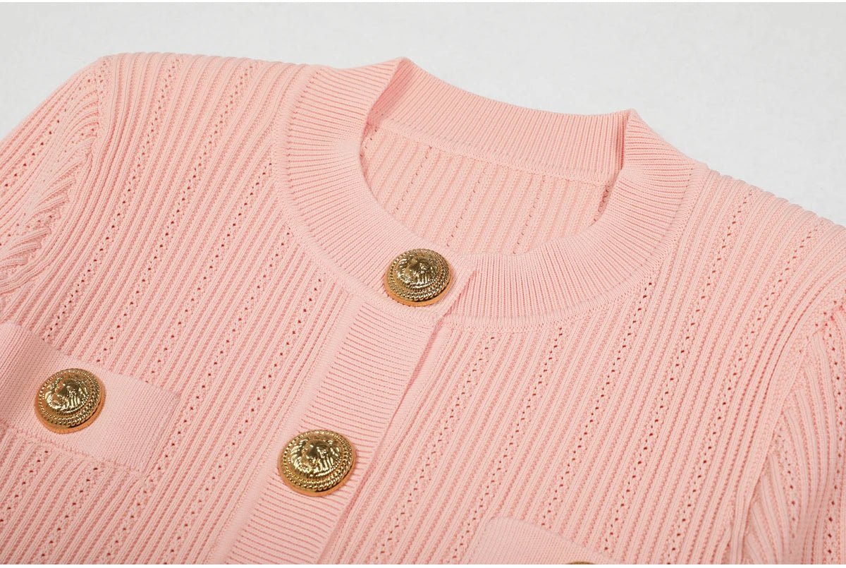 Women's High Quality Elastic Knitted New Round Neck Pocket Long Sleeved Cardigan Slim Fit Curved Short Skirt Casual Women's Set - PratSN