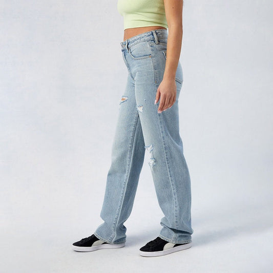 Women's High - Waist Jeans, Wide - Leg Full - Length Jeans With Center Pleat, Cotton Denim For All Seasons - PratSN