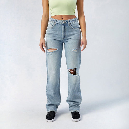 Women's High - Waist Jeans, Wide - Leg Full - Length Jeans With Center Pleat, Cotton Denim For All Seasons - PratSN