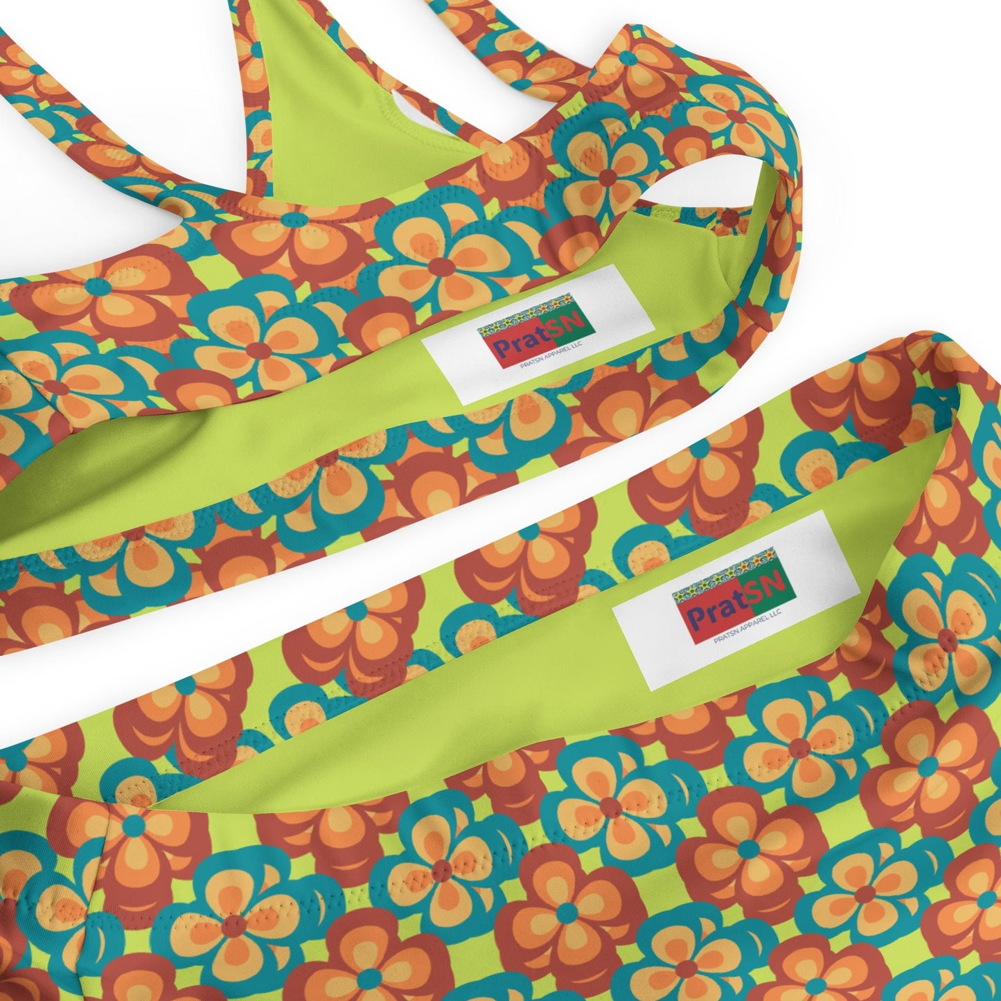women's high - waisted bikini, 60s Style Flowers Pattern, Mindaro Green Tea Two Piece Swimsuits Tummy control bathing Suit - PratSN