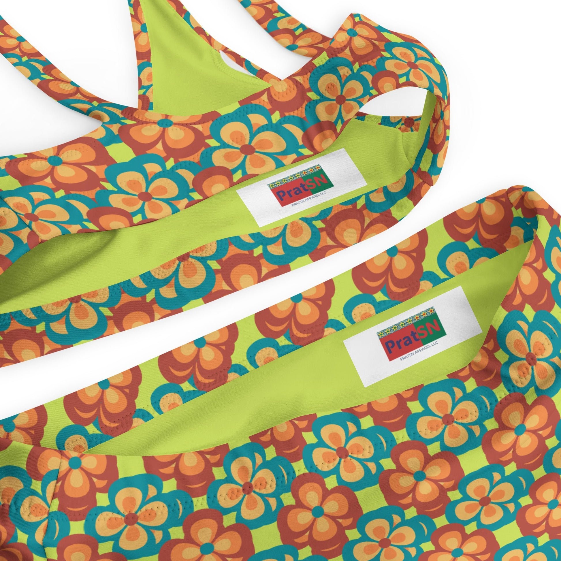 women's high - waisted bikini, 60s Style Flowers Pattern, Mindaro Green Tea Two Piece Swimsuits Tummy control bathing Suit - PratSN