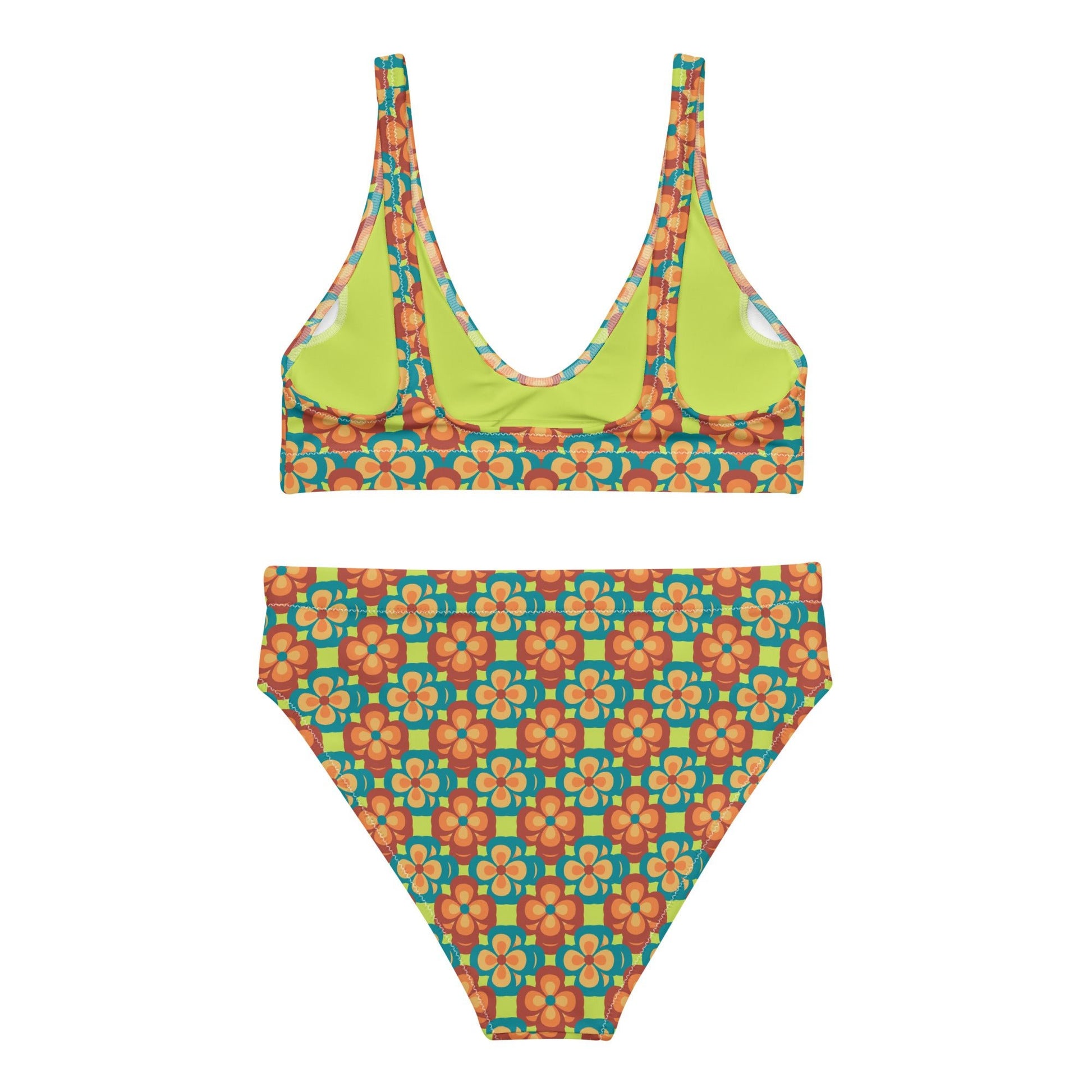 women's high - waisted bikini, 60s Style Flowers Pattern, Mindaro Green Tea Two Piece Swimsuits Tummy control bathing Suit - PratSN