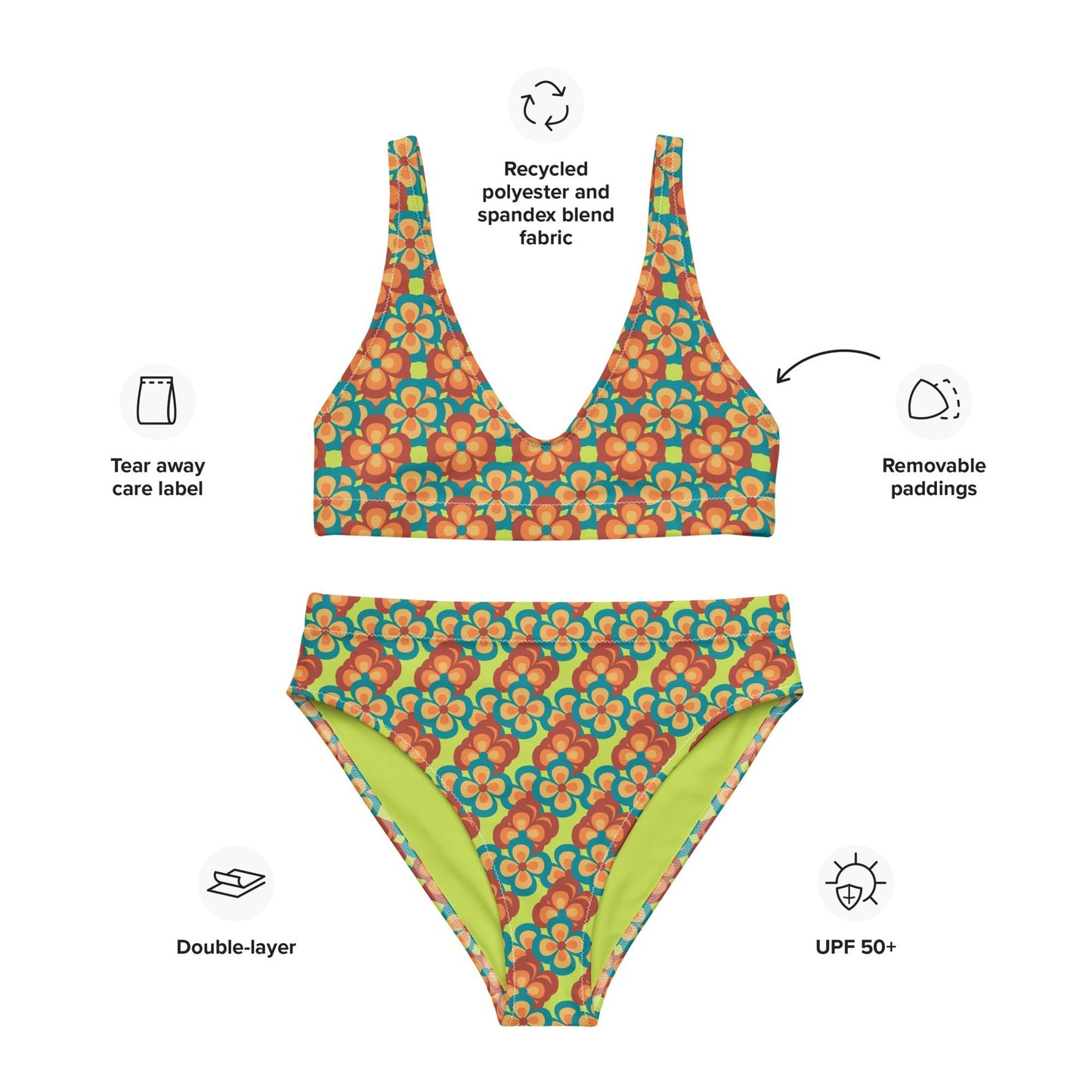 women's high - waisted bikini, 60s Style Flowers Pattern, Mindaro Green Tea Two Piece Swimsuits Tummy control bathing Suit - PratSN