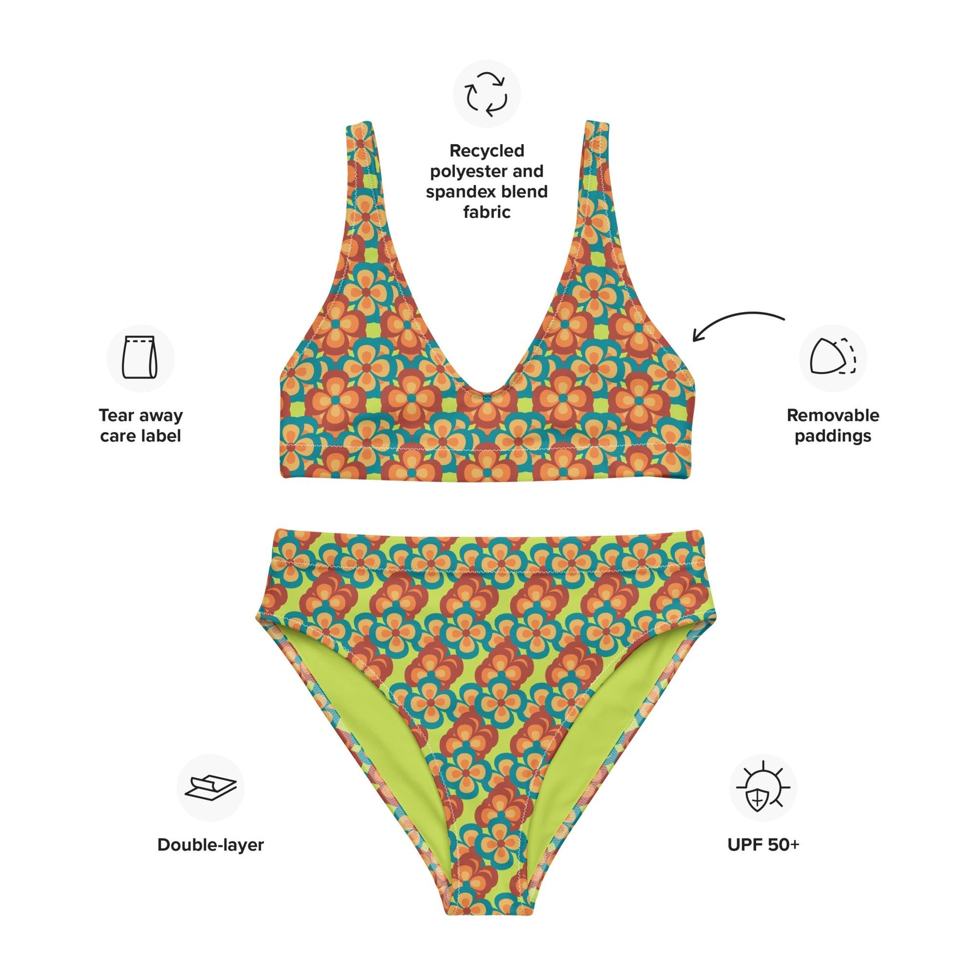 women's high - waisted bikini, 60s Style Flowers Pattern, Mindaro Green Tea Two Piece Swimsuits Tummy control bathing Suit - PratSN
