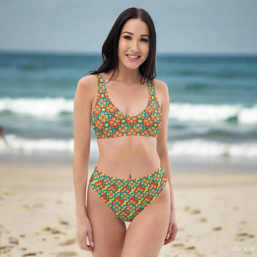 women's high - waisted bikini, 60s Style Flowers Pattern, Mindaro Green Tea Two Piece Swimsuits Tummy control bathing Suit - PratSN
