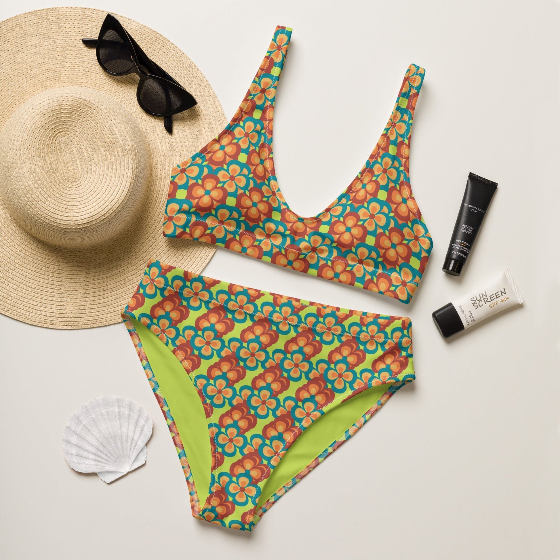 women's high - waisted bikini, 60s Style Flowers Pattern, Mindaro Green Tea Two Piece Swimsuits Tummy control bathing Suit - PratSN