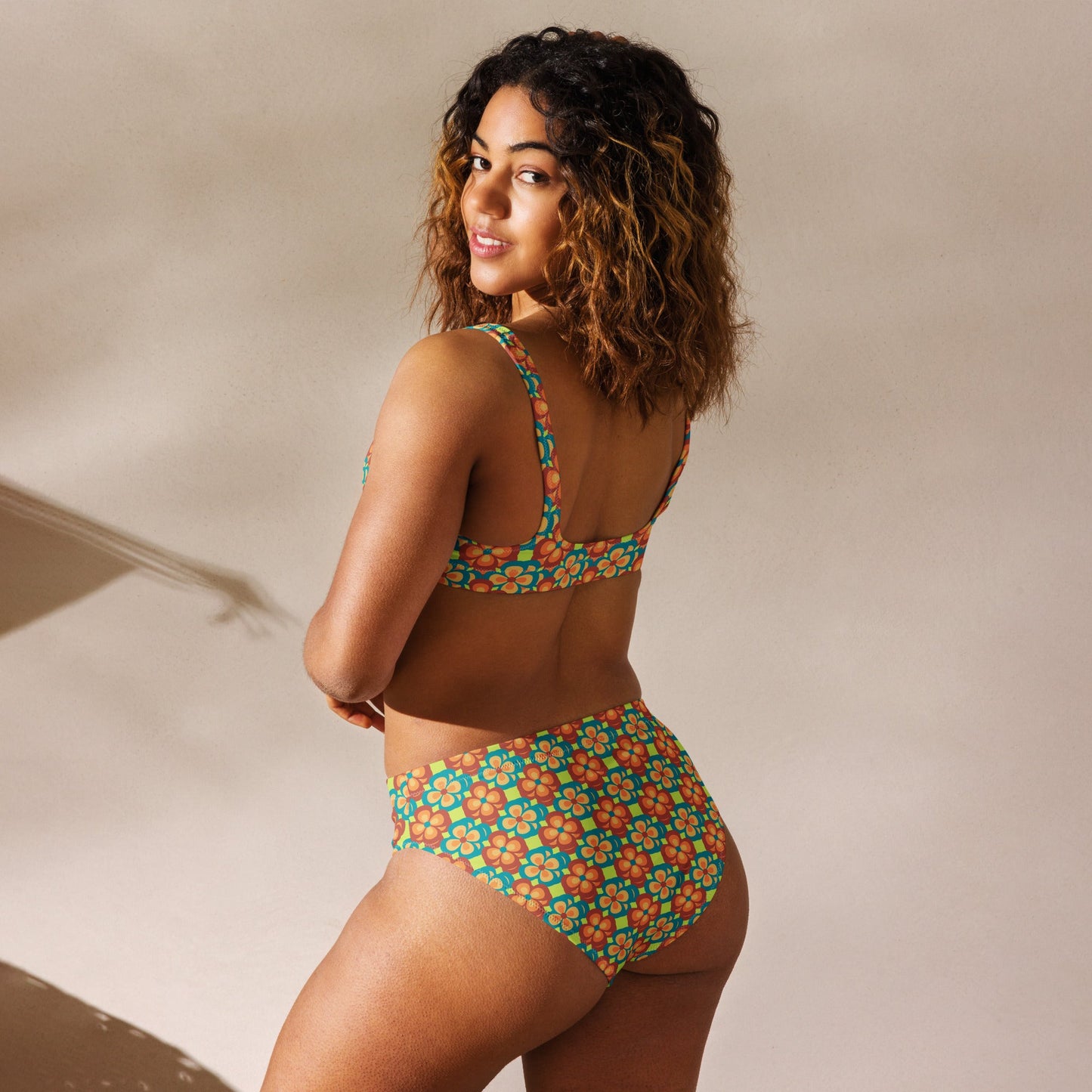 women's high - waisted bikini, 60s Style Flowers Pattern, Mindaro Green Tea Two Piece Swimsuits Tummy control bathing Suit - PratSN