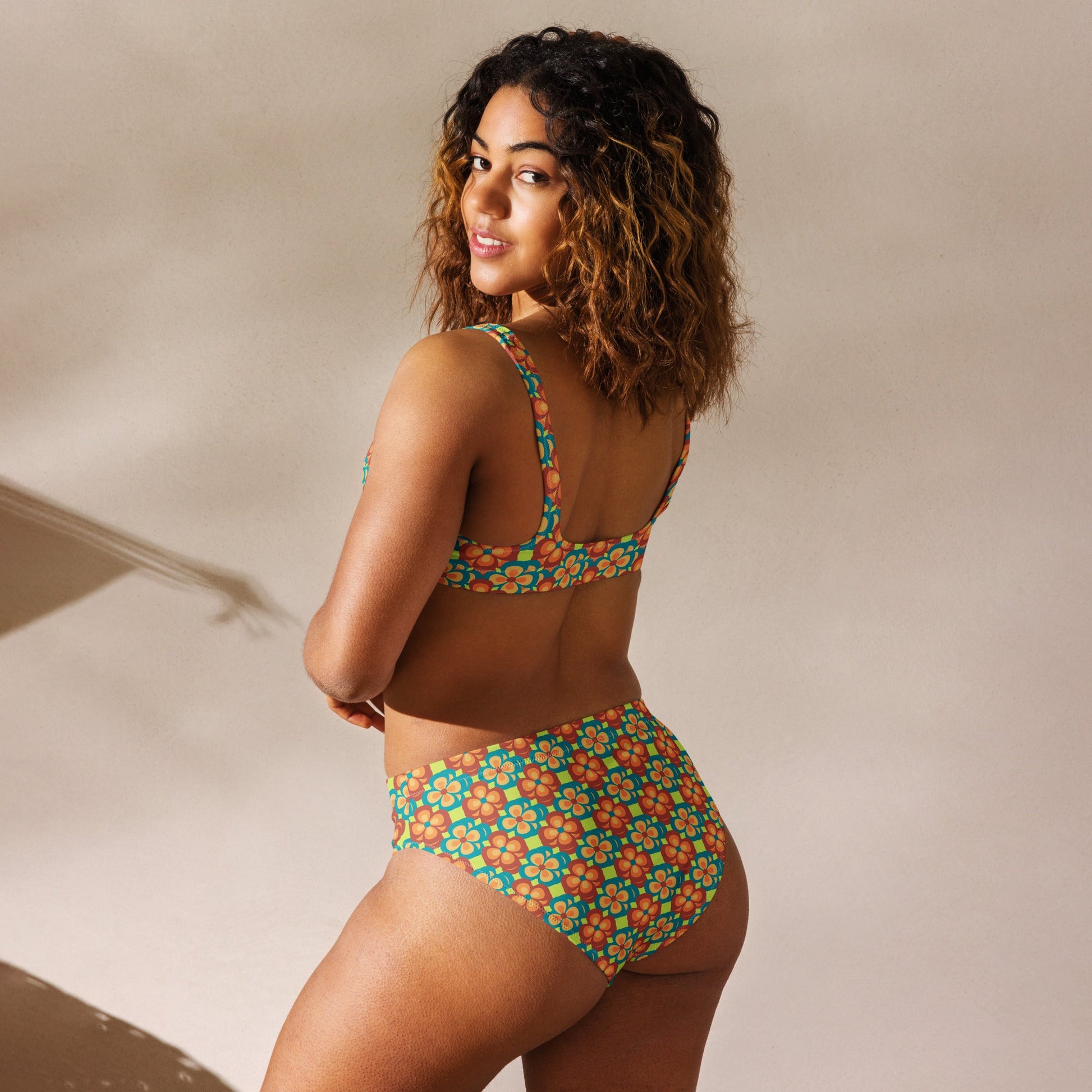 women's high - waisted bikini, 60s Style Flowers Pattern, Mindaro Green Tea Two Piece Swimsuits Tummy control bathing Suit - PratSN