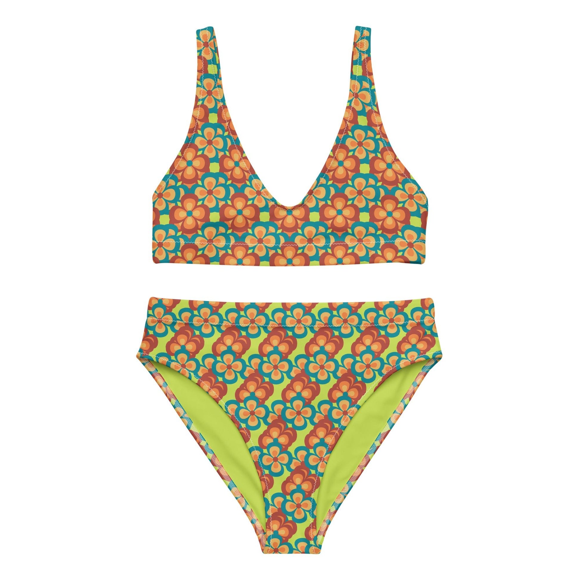 women's high - waisted bikini, 60s Style Flowers Pattern, Mindaro Green Tea Two Piece Swimsuits Tummy control bathing Suit - PratSN