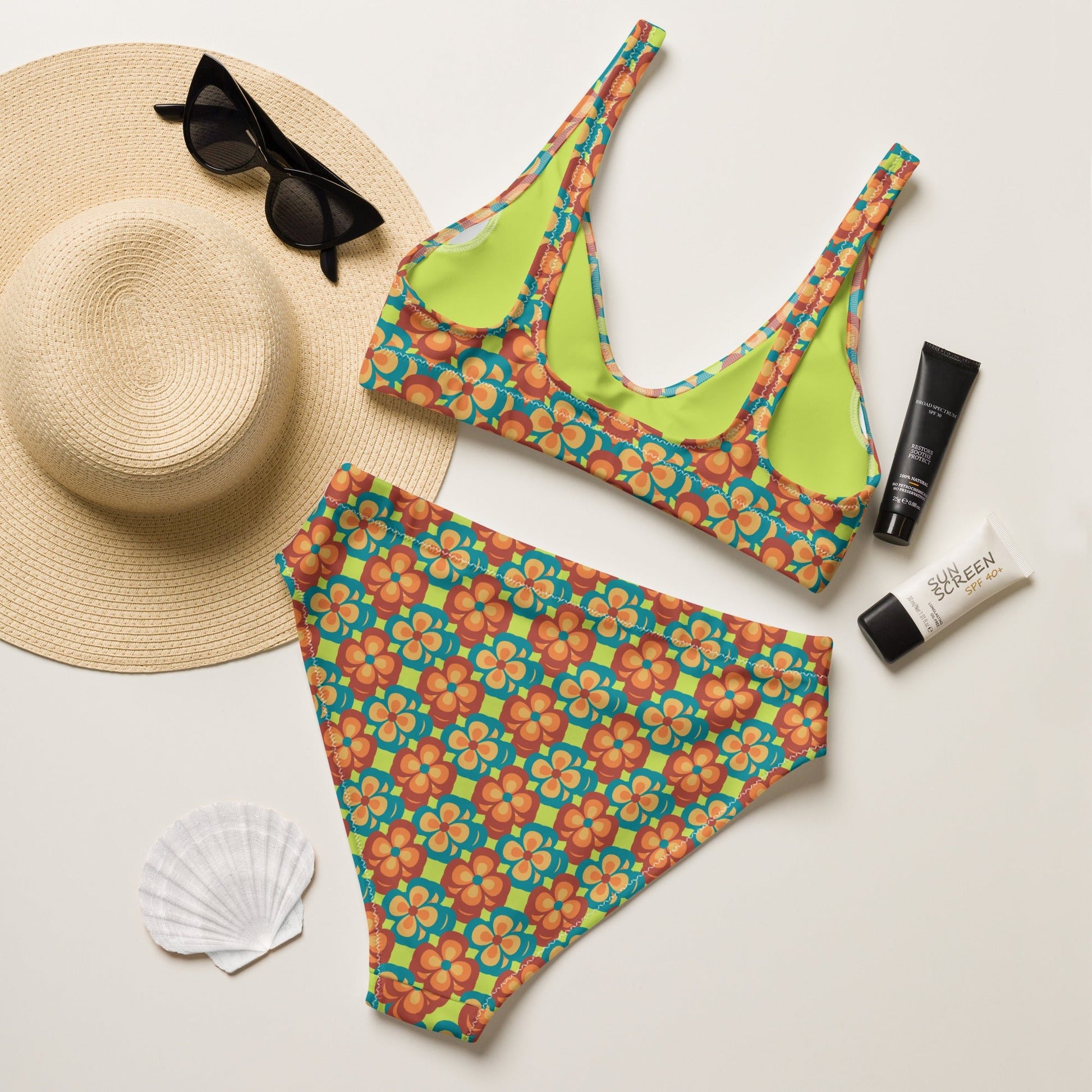 women's high - waisted bikini, 60s Style Flowers Pattern, Mindaro Green Tea Two Piece Swimsuits Tummy control bathing Suit - PratSN