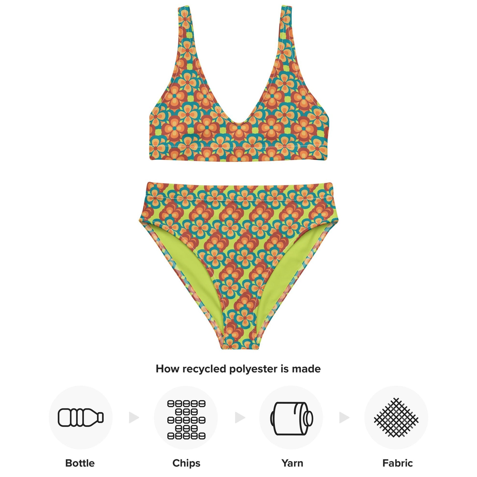 women's high - waisted bikini, 60s Style Flowers Pattern, Mindaro Green Tea Two Piece Swimsuits Tummy control bathing Suit - PratSN