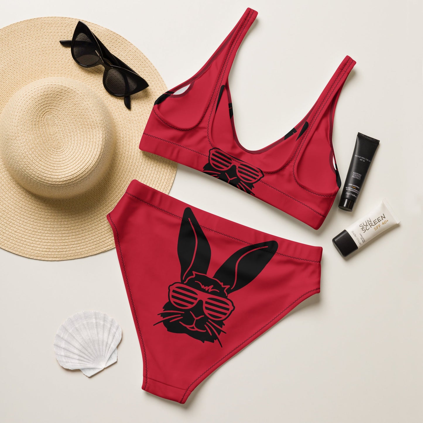 Women's high - waisted bikini, Bunny Pattern, Red Black Two Piece Swimsuits, Tummy control bathing Suit - PratSN