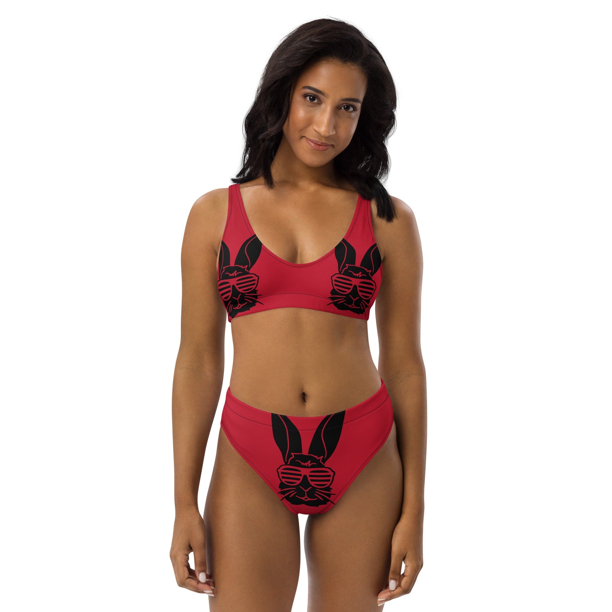Women's high - waisted bikini, Bunny Pattern, Red Black Two Piece Swimsuits, Tummy control bathing Suit - PratSN
