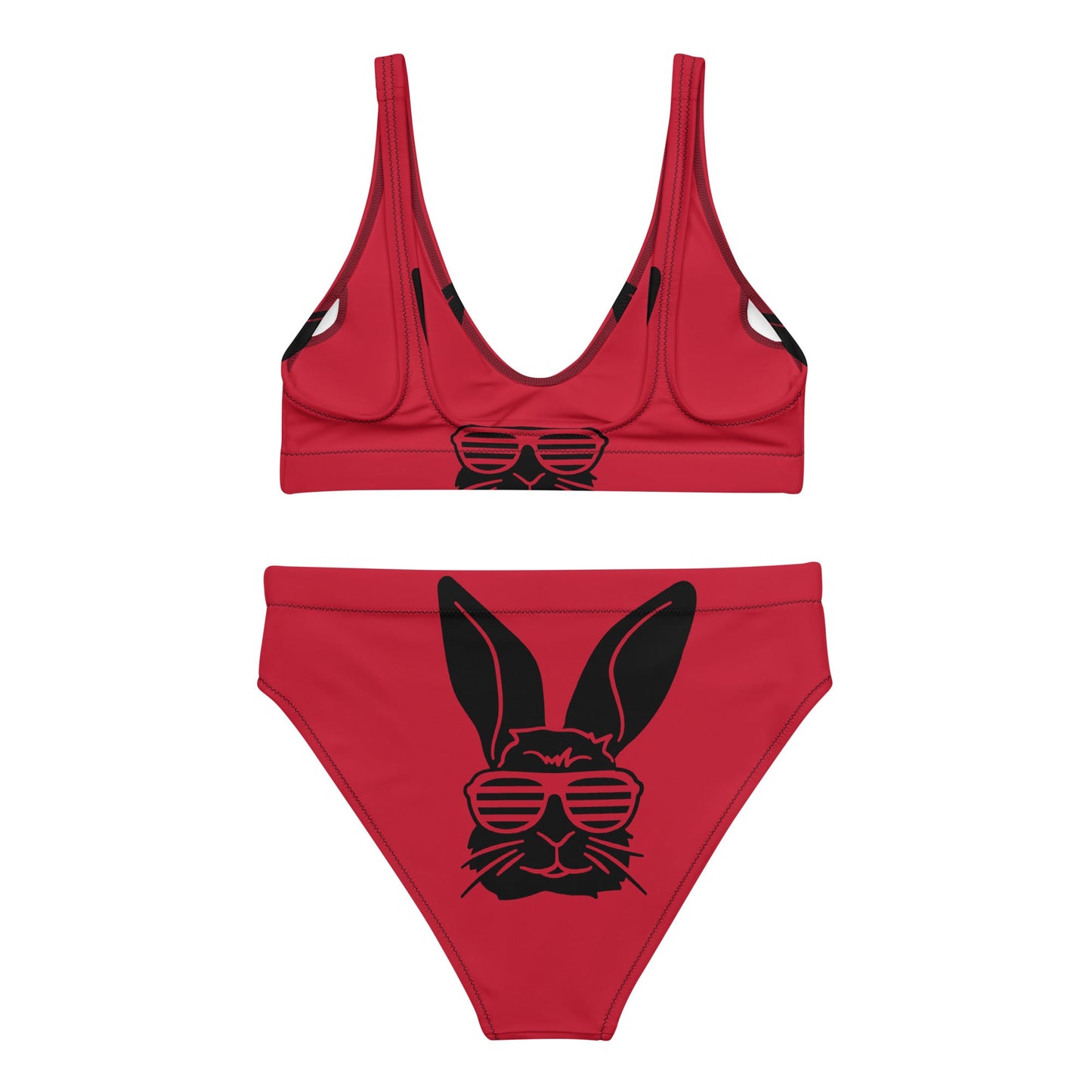 Women's high - waisted bikini, Bunny Pattern, Red Black Two Piece Swimsuits, Tummy control bathing Suit - PratSN