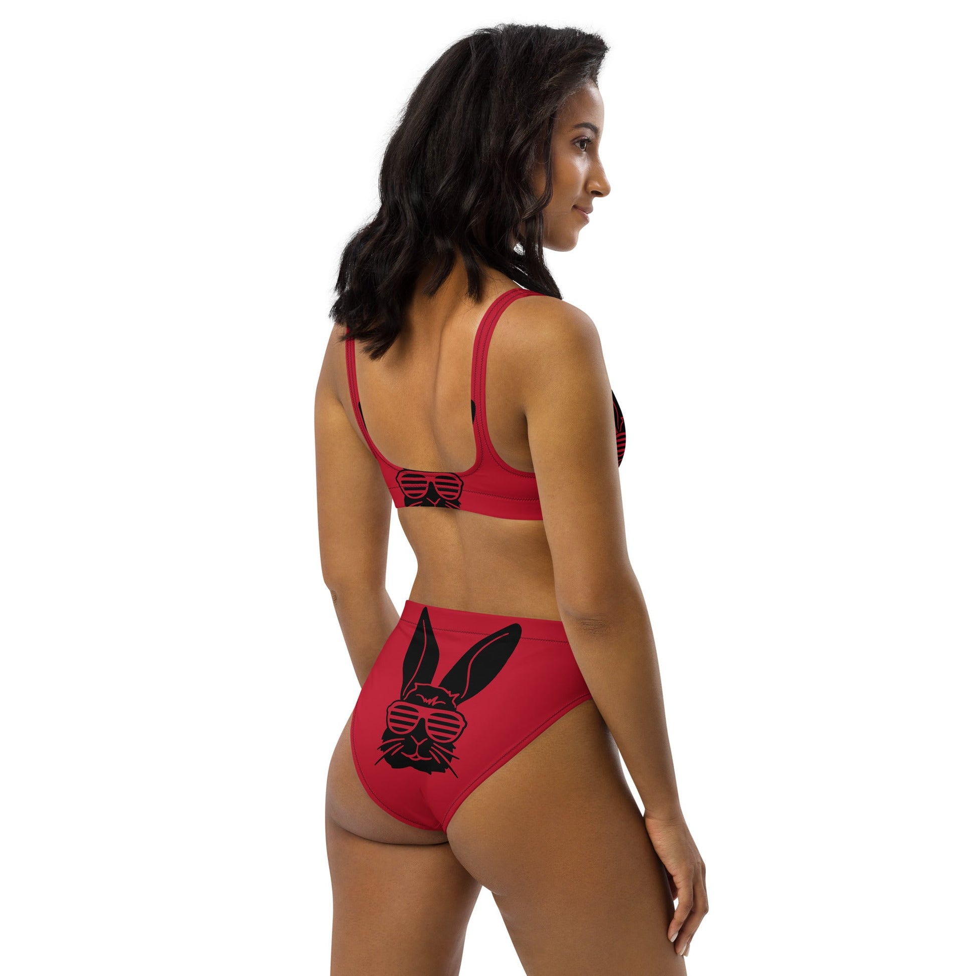 Women's high - waisted bikini, Bunny Pattern, Red Black Two Piece Swimsuits, Tummy control bathing Suit - PratSN
