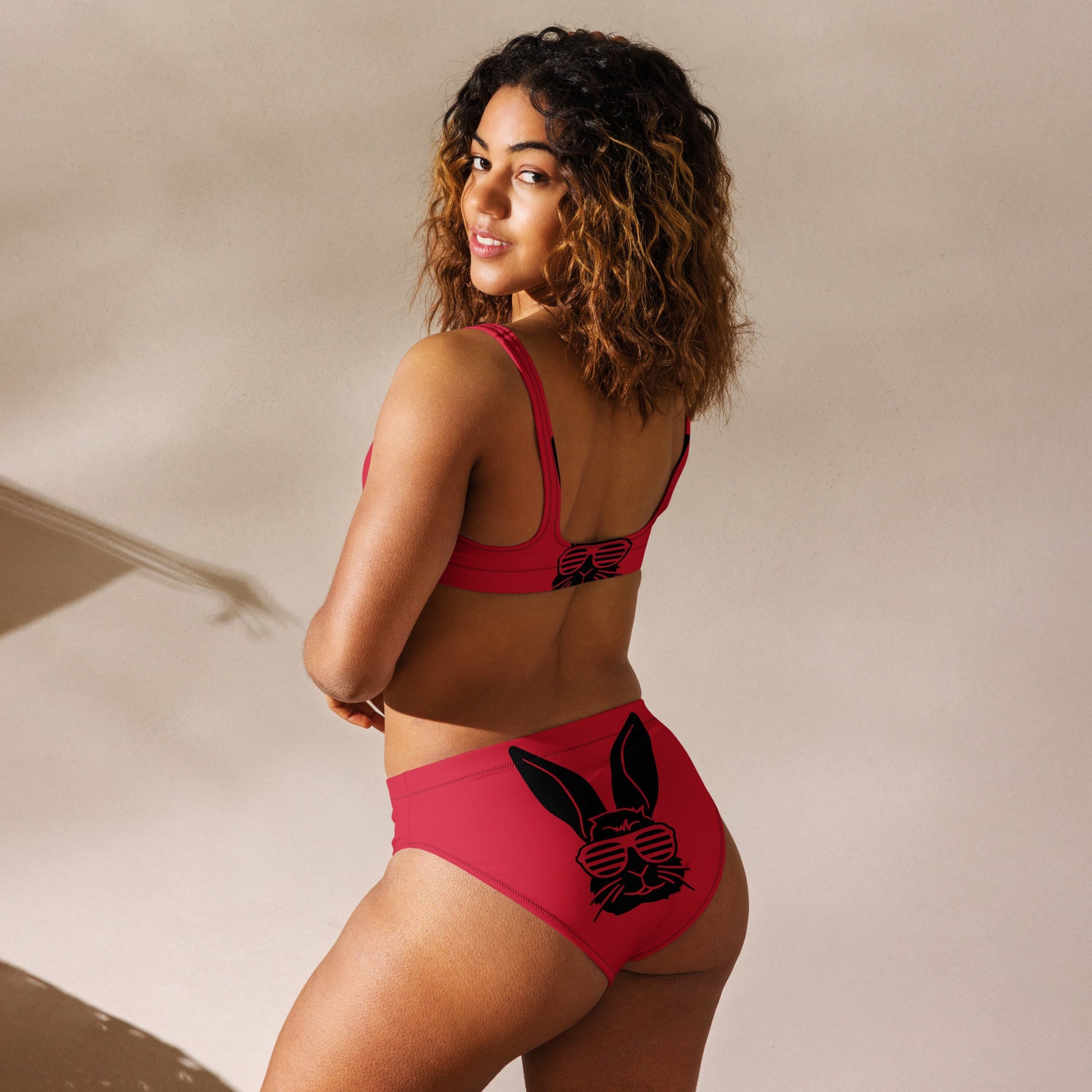 Women's high - waisted bikini, Bunny Pattern, Red Black Two Piece Swimsuits, Tummy control bathing Suit - PratSN