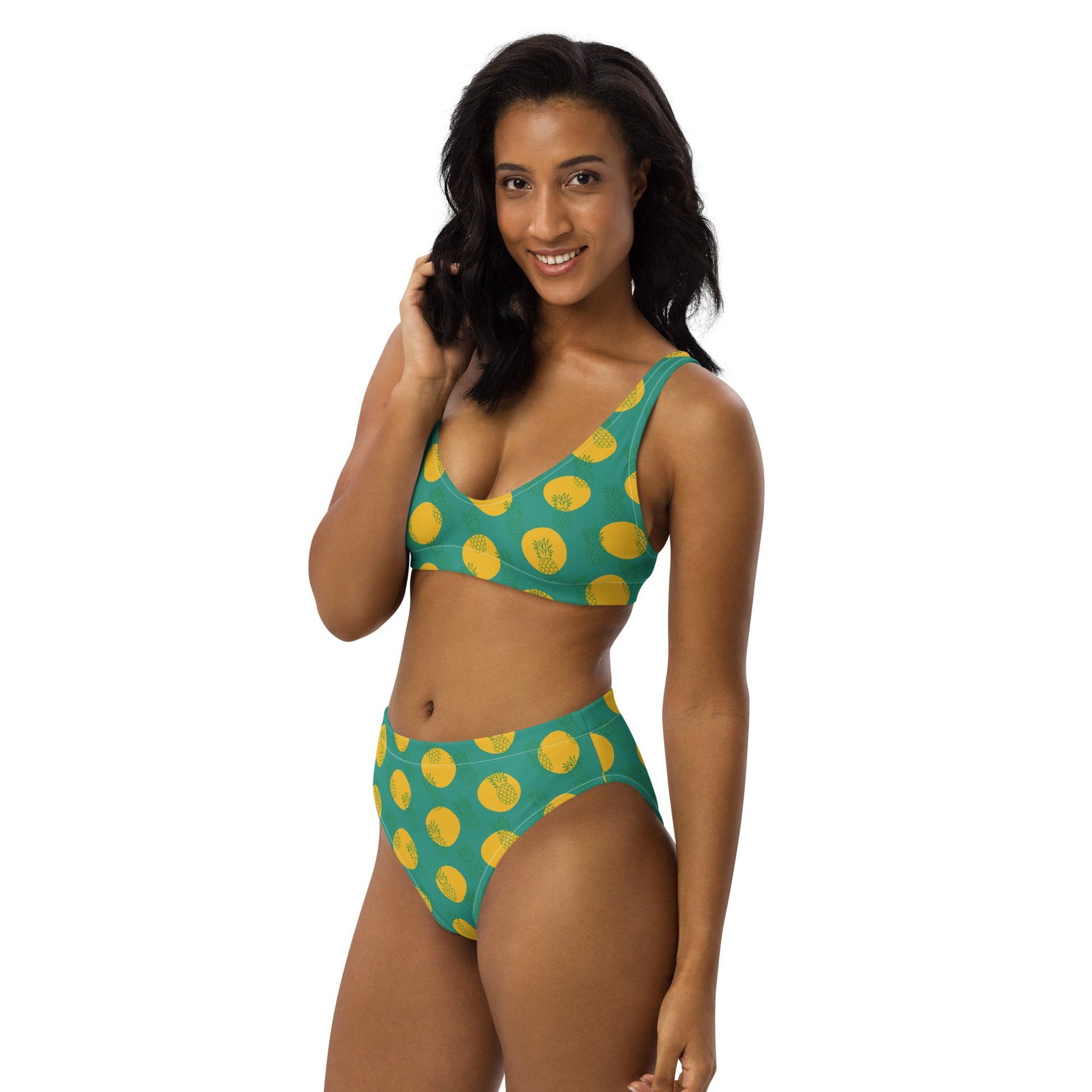 Women's high - waisted bikini, Niagara Yellow Color, Pineapple Pattern Two Piece Swimsuits Tummy control bathing Suit - PratSN