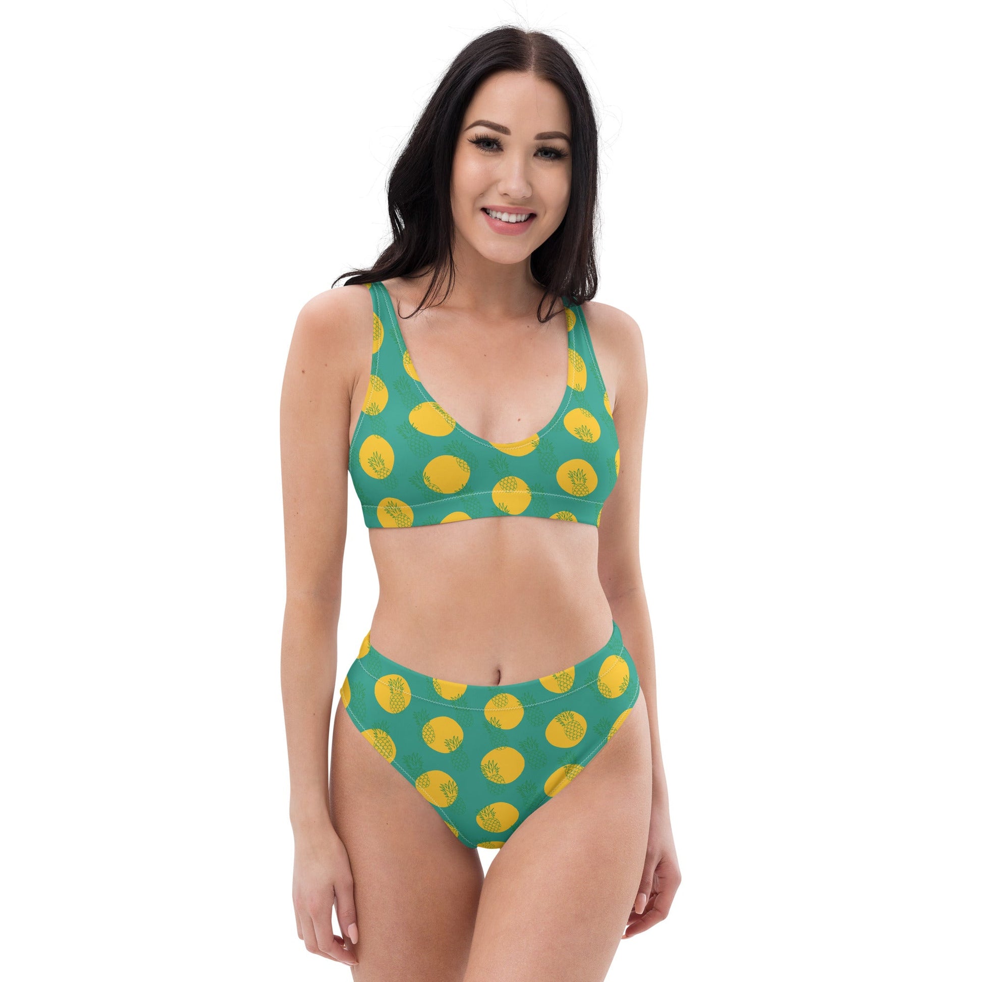 Women's high - waisted bikini, Niagara Yellow Color, Pineapple Pattern Two Piece Swimsuits Tummy control bathing Suit - PratSN