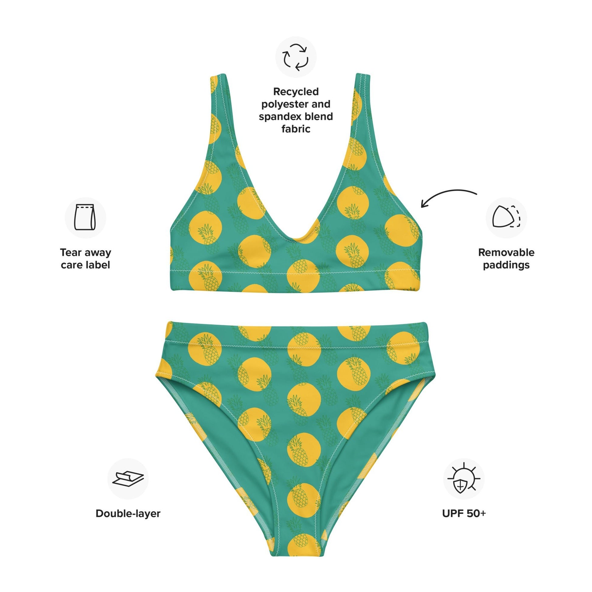 Women's high - waisted bikini, Niagara Yellow Color, Pineapple Pattern Two Piece Swimsuits Tummy control bathing Suit - PratSN