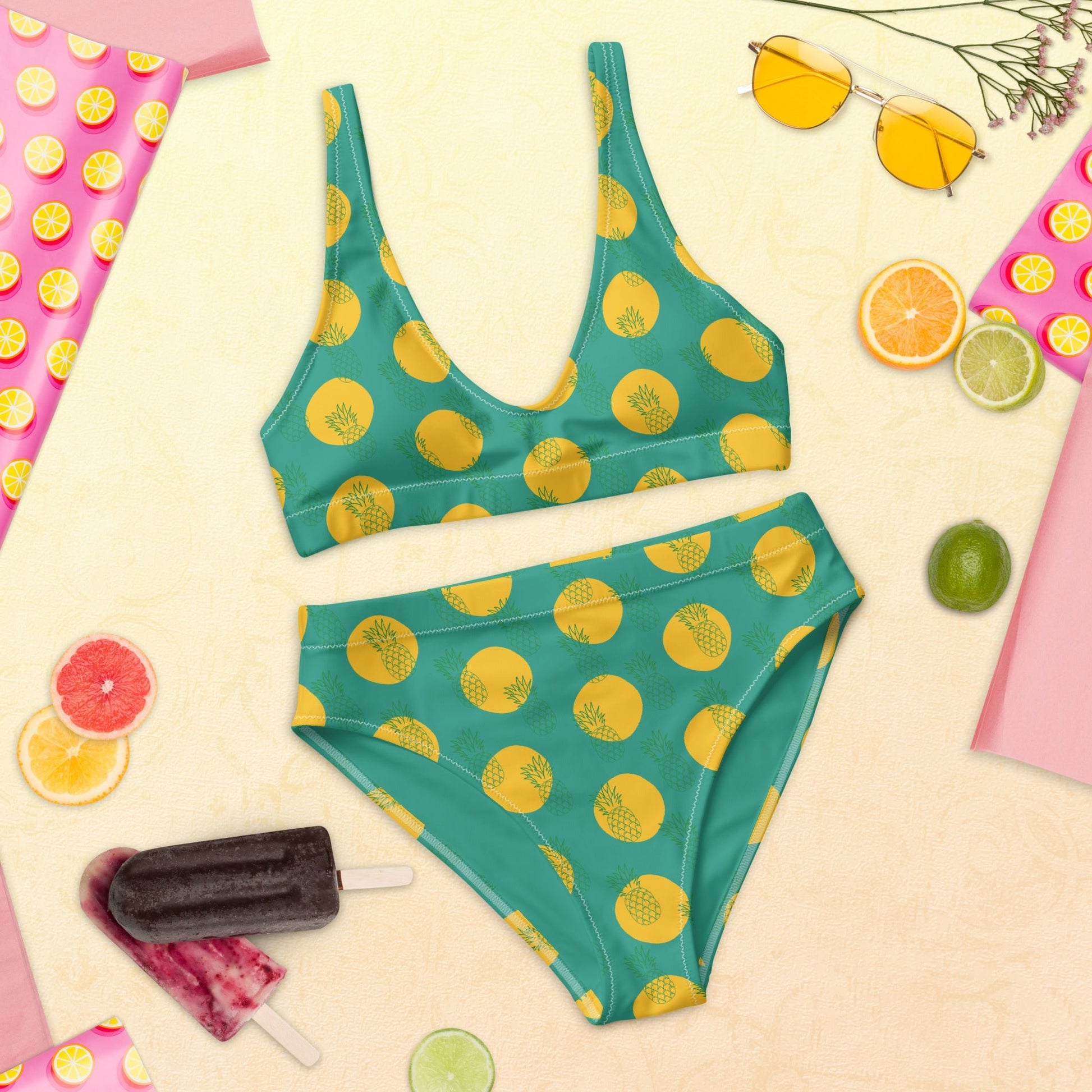 Women's high - waisted bikini, Niagara Yellow Color, Pineapple Pattern Two Piece Swimsuits Tummy control bathing Suit - PratSN