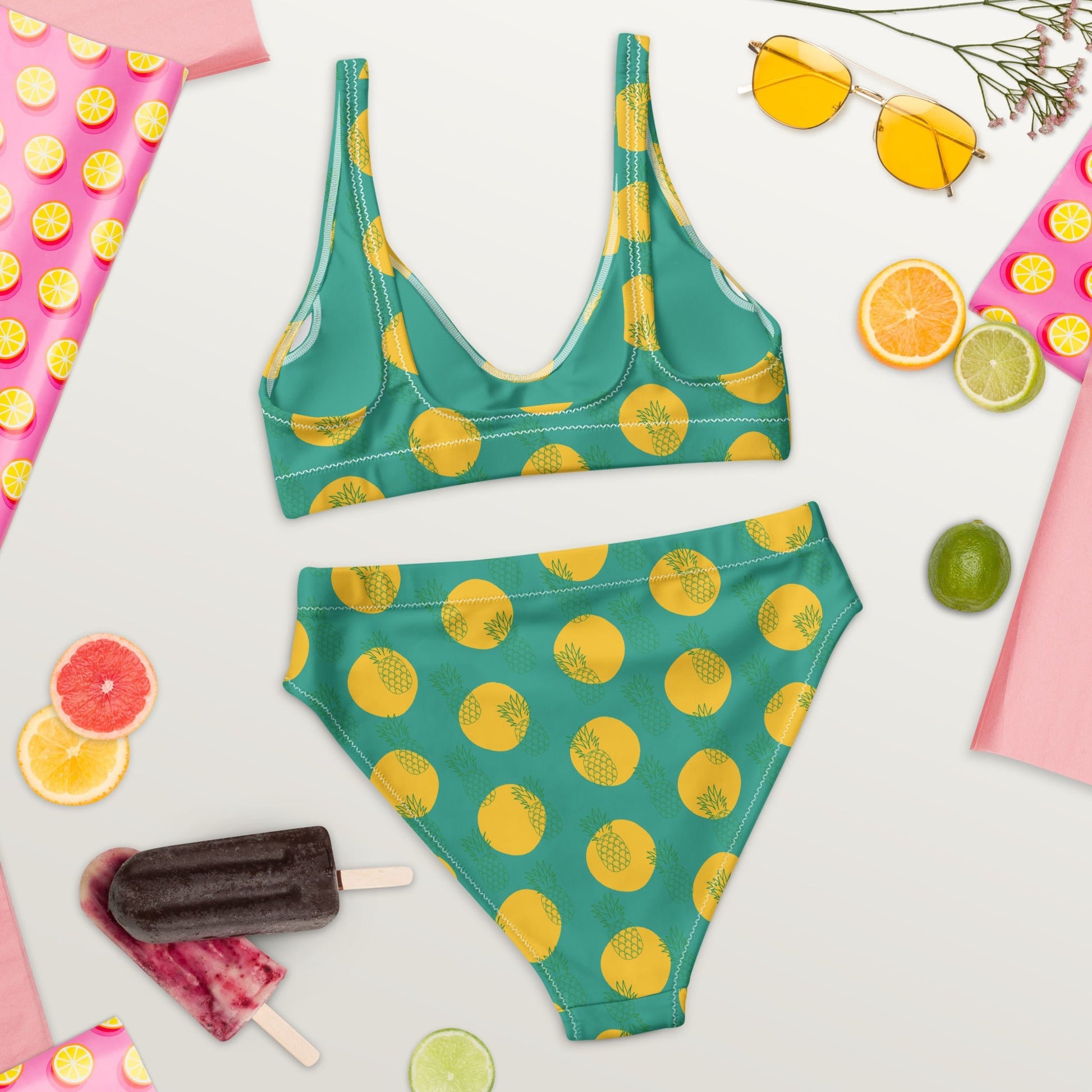 Women's high - waisted bikini, Niagara Yellow Color, Pineapple Pattern Two Piece Swimsuits Tummy control bathing Suit - PratSN