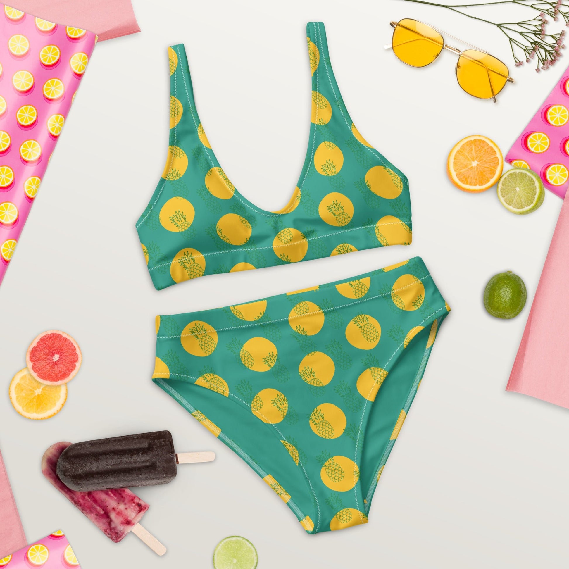 Women's high - waisted bikini, Niagara Yellow Color, Pineapple Pattern Two Piece Swimsuits Tummy control bathing Suit - PratSN