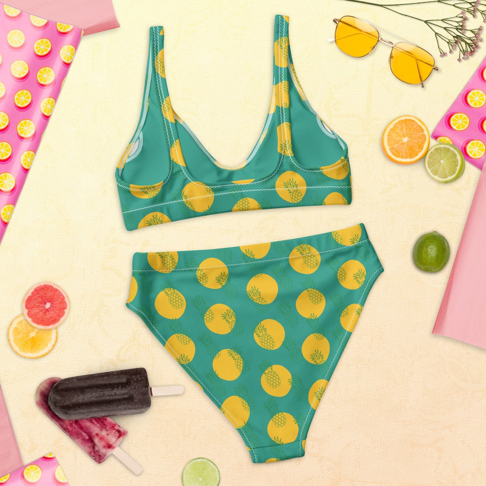 Women's high - waisted bikini, Niagara Yellow Color, Pineapple Pattern Two Piece Swimsuits Tummy control bathing Suit - PratSN